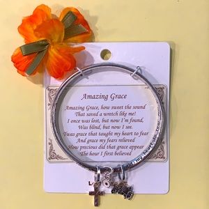 “AMAZING GRACE” Silvertone Twisted Bangle Bracelet with Charms